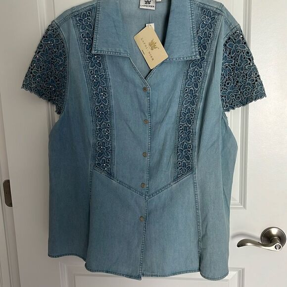 LAFEI•MIER Denim, Lace and Crystal Accents Snap up Shirt - Picture 1 of 10